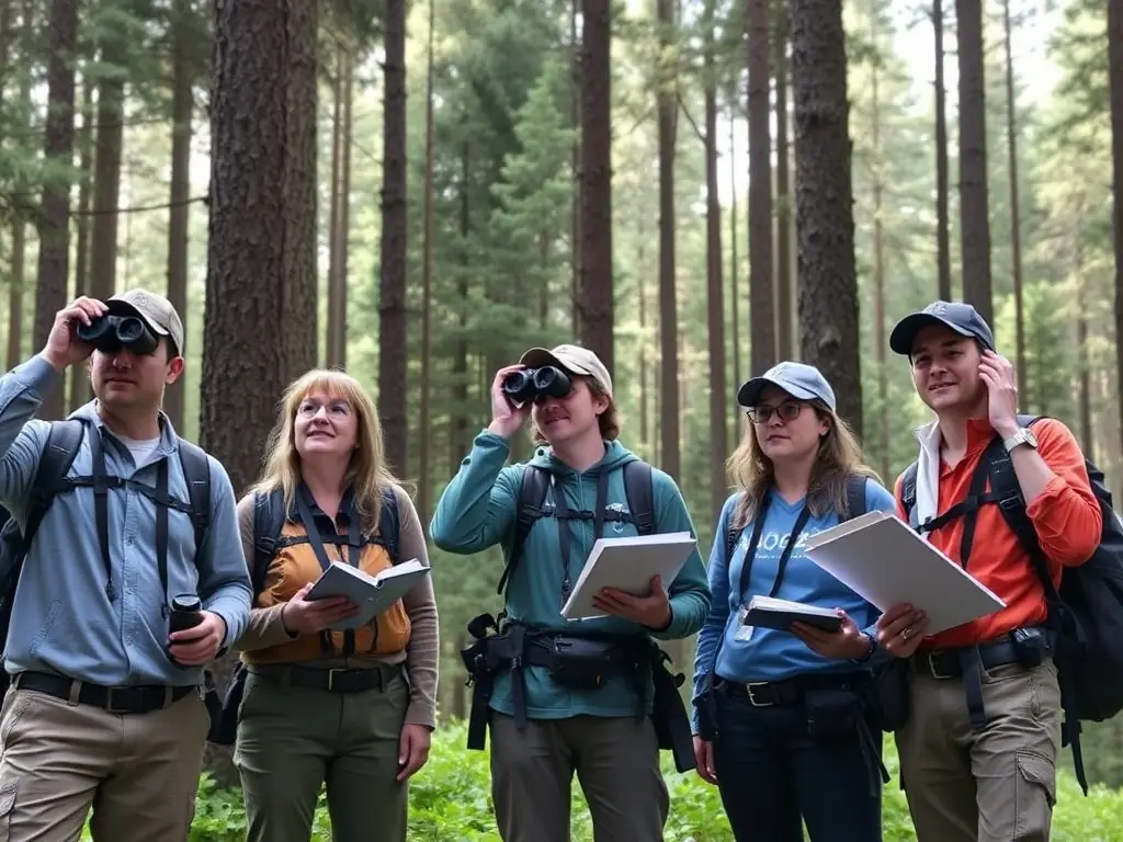 A group of ACCA members participating in a wildlife monitoring activity in the forest, using binoculars and notebooks to record observations.