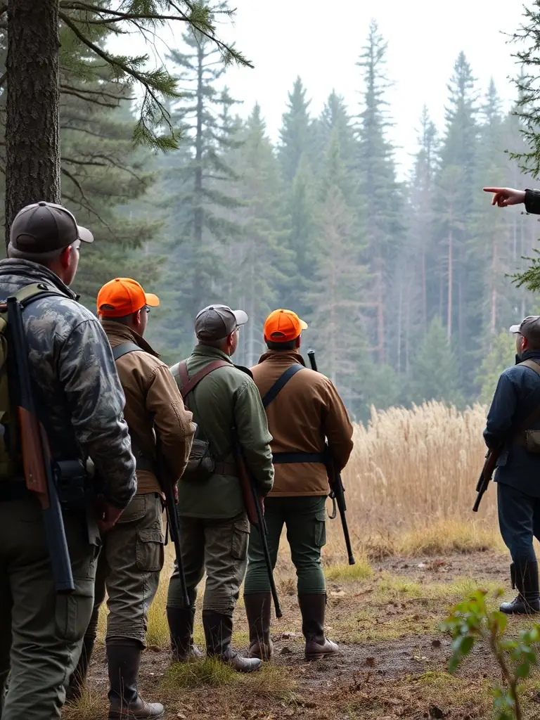 A photograph of hunters participating in an organized hunt, emphasizing safety and ethical practices.