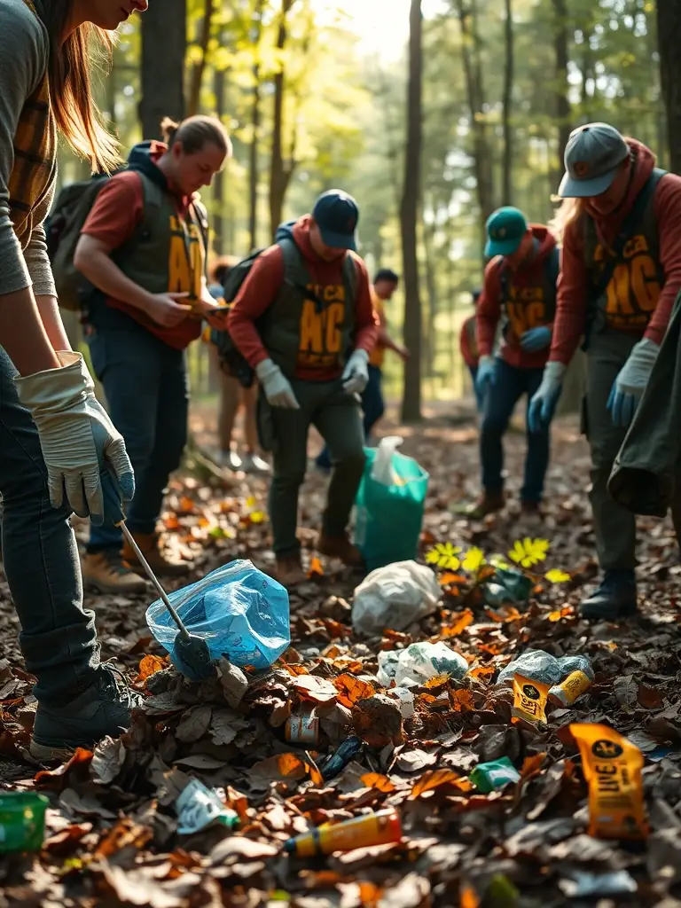 A photograph capturing ACCA members participating in a community cleanup event in the local forest, collecting litter and debris to maintain the natural beauty of the area.